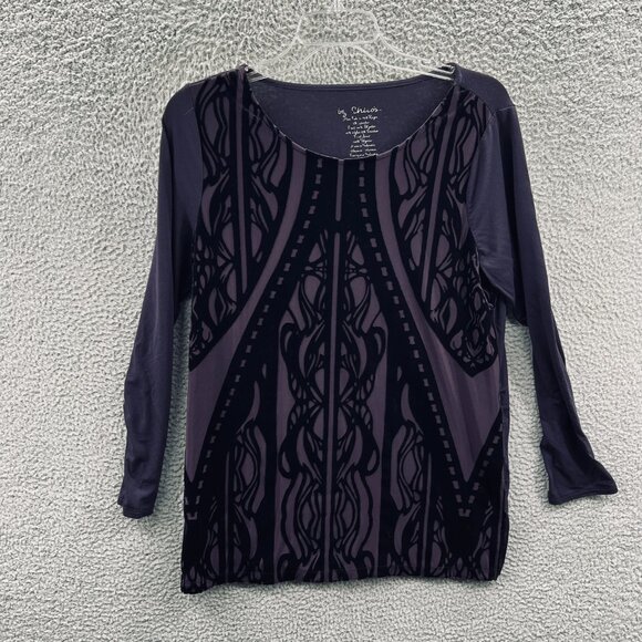Chicos Womens‎ Velvet Burnout Top Medium Witchy Goth Black Purple Stretch Artsy - Picture 1 of 10